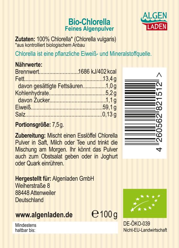 ALGENLADEN BIO Chlorella Pulver Etikett